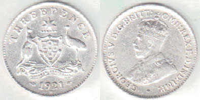 1921 M Australia silver Threepence (VF) A001228